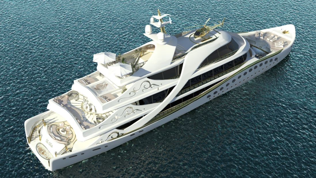 The 80-meter luxury vessel features a gold helicopter, spa, and beauty center, and was designed by Italian Lidia Bersani.