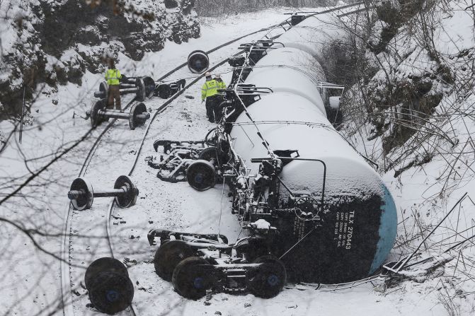 Oil tank cars overturned after a train derailment in Vandergrift, Pennsylvania, in February 2014.
