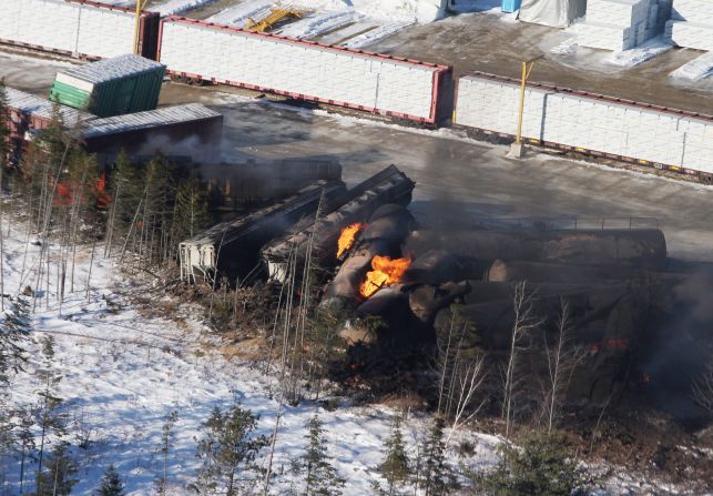 A freight train loaded with crude oil and propane derailed in Plaster Rock, New Brunswick, in January 2014.