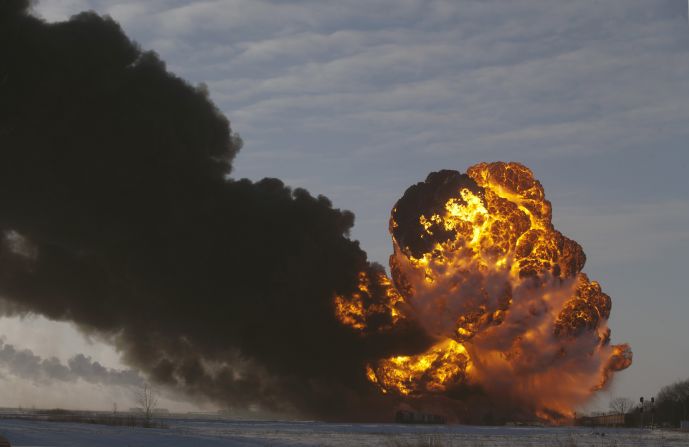 Massive flames filled the sky after an oil train derailment in Casselton, North Dakota, in December 2013.<br /><br />