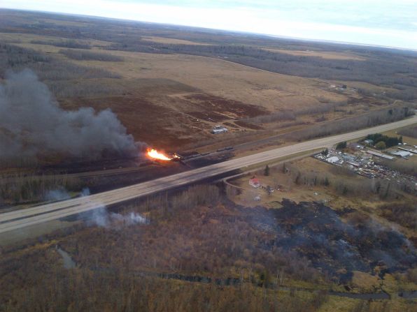 Fire erupted after a train carrying oil and gas derailed in Gainford, Alberta, in October 2013.