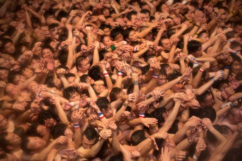 FEBRUARY 23 - OKAYAMA, JAPAN: Men wearing nothing but loincloths cram into the Saidiji Temple for the Hadaka Matsuri, or Naked Festival. In a tradition dating back some 500 years, those taking part battle to grab one of two lucky talismans thrown by a Shinto priest. The winners are said to be<a href="http://www.japantimes.co.jp/events/2015/02/13/traditional-festivals-things-to-do/saidaiji-eyo-naked-festival" target="_blank" target="_blank"> blessed with good fortune for the next year.</a>