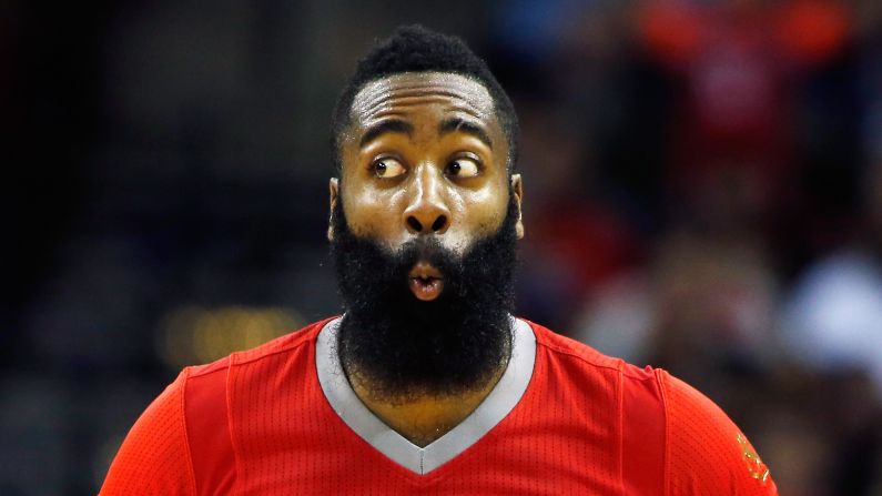 James Harden of the Houston Rockets celebrates a basket while playing the Toronto Raptors in Houston on Saturday, February 21. Harden had 20 points -- 16 in the third quarter -- as the Rockets won 98-76.