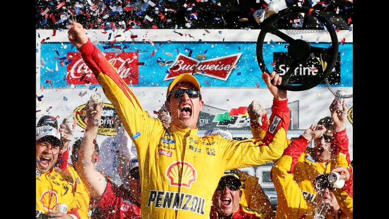 NASCAR driver Joey Logano celebrates in Victory Lane after winning the Daytona 500 on Sunday, February 22. It was the first time he won the prestigious race, which opens the Sprint Cup season.