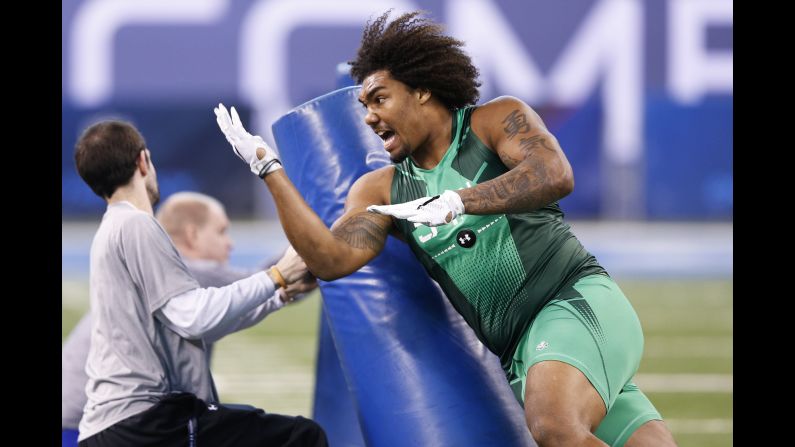 Leonard Williams, a defensive lineman from USC, runs a drill Sunday, February 22, during the NFL Scouting Combine in Indianapolis. Williams is projected to be a top pick in this year's draft.