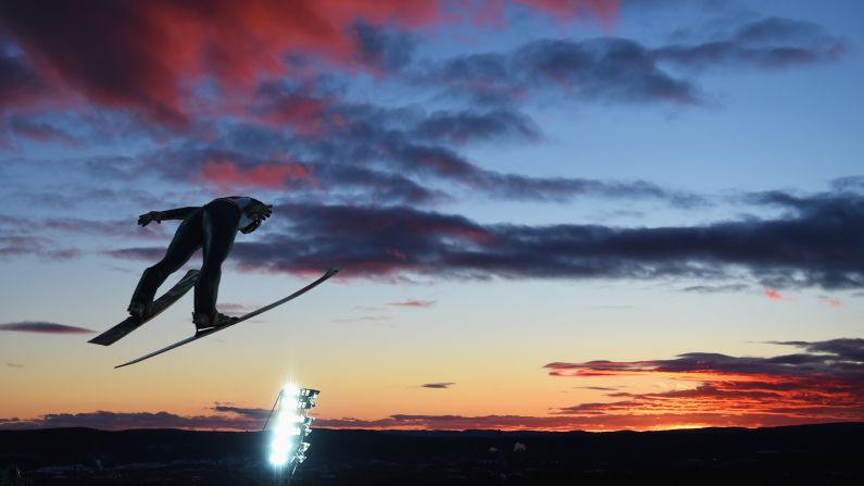 American ski jumper Nita Englund competes in a mixed team event Sunday, February 22, at the Nordic World Ski Championships.