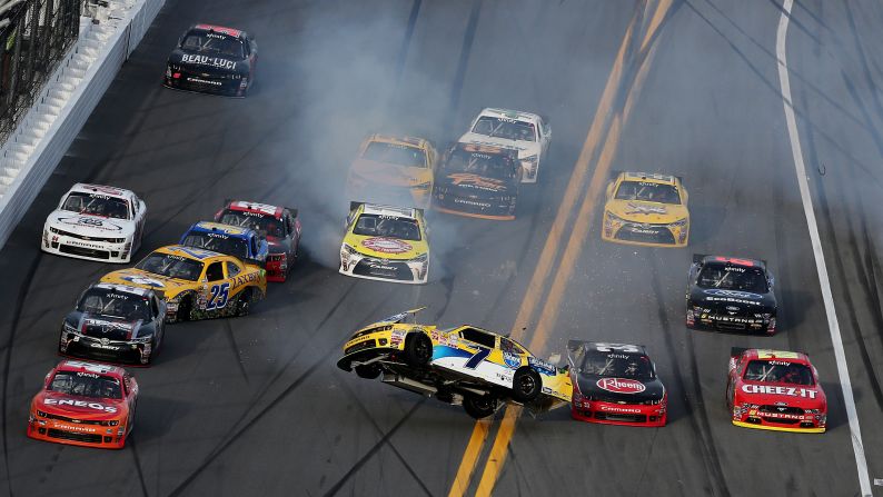 Regan Smith's car flips Saturday, February 21, during the NASCAR Xfinity Series race in Daytona Beach, Florida. Smith was OK after the wreck.