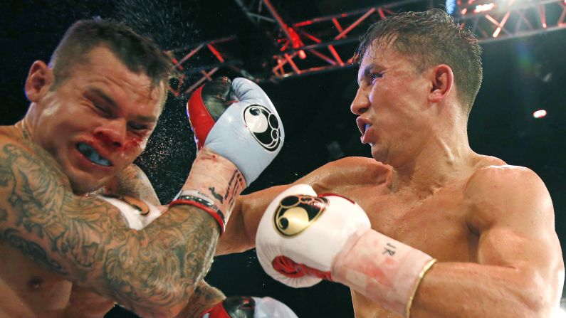 Middleweight boxing champion Gennady Golovkin, right, punches Martin Murray during their title fight in Monte Carlo, Monaco, on Sunday, February 22. Golovkin won by TKO in the 11th round, retaining his belts and his undefeated record.
