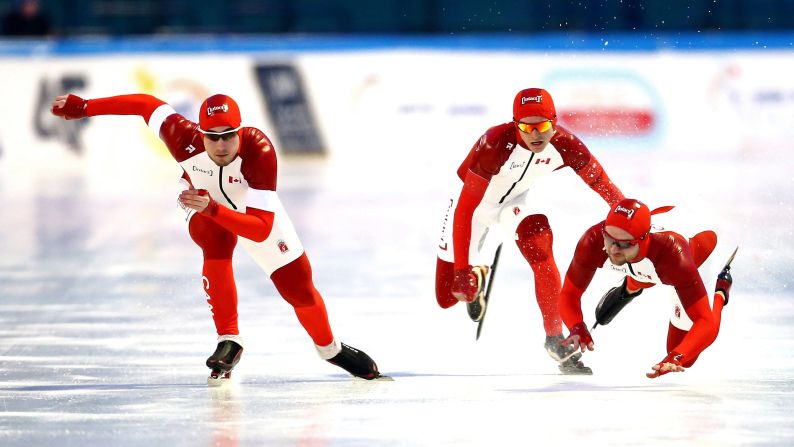 Canadian speedskater Alexandre Dery falls at the start of a team sprint event Saturday, February 21, at the World Junior Speedskating Championships in Warsaw, Poland.