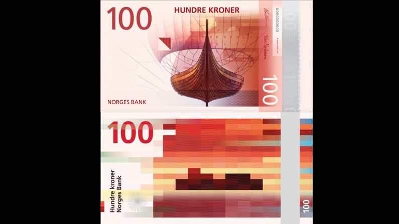 Jointly conceived by Metric Design and Snøhetta Design, this sea-themed <a href="http://www.norges-bank.no/en/notes-and-coins/New-banknote-series/Proposed-motifs-for-the-new-banknote-series/" target="_blank" target="_blank">100 Kroner note</a> features a pixel-based design on one side and a more traditional illustration on the reverse.