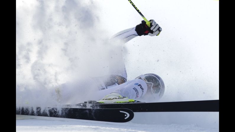 American skier Lindsey Vonn falls after missing a gate during a giant slalom race Saturday, February 21, at a World Cup event in Maribor, Slovenia.