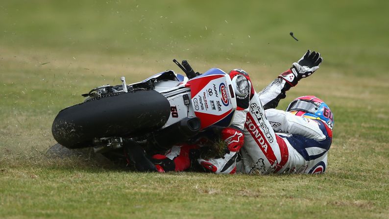 Michael van der Mark crashes during a Superbikes race in Phillip Island, Australia, on Sunday, February 22. He was not injured.