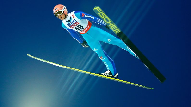 German ski jumper Severin Freund soars through the air in Falun, Sweden, during the Nordic World Ski Championships on Saturday, February 21. He finished second in the normal-hill event, which was won by Norway's Rune Velta.