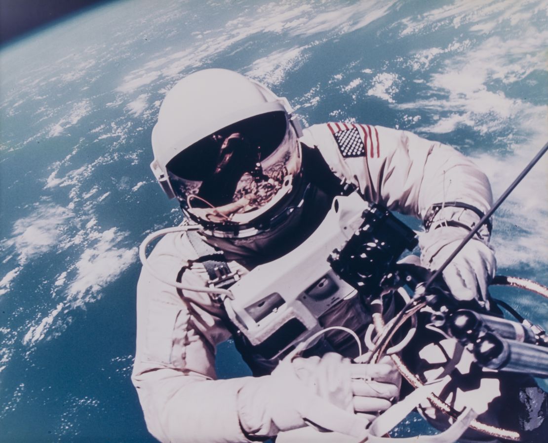 NASA astronaut Ed White taking part in the first U.S. spacewalk on June 3, 1965. Photograph taken by fellow astronaut James McDivitt.
