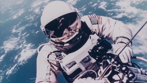 NASA astronaut Ed White taking part in the first U.S. spacewalk on June 3, 1965. Photograph taken by fellow astronaut James McDivitt.
