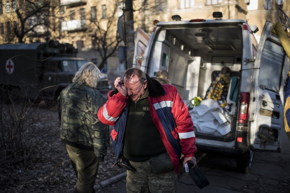 A member of a Ukrainian military medical unit cries during a ceremony in Artemivsk, Ukraine, on February 23. Four of his comrades were killed near Debaltseve, Ukraine.