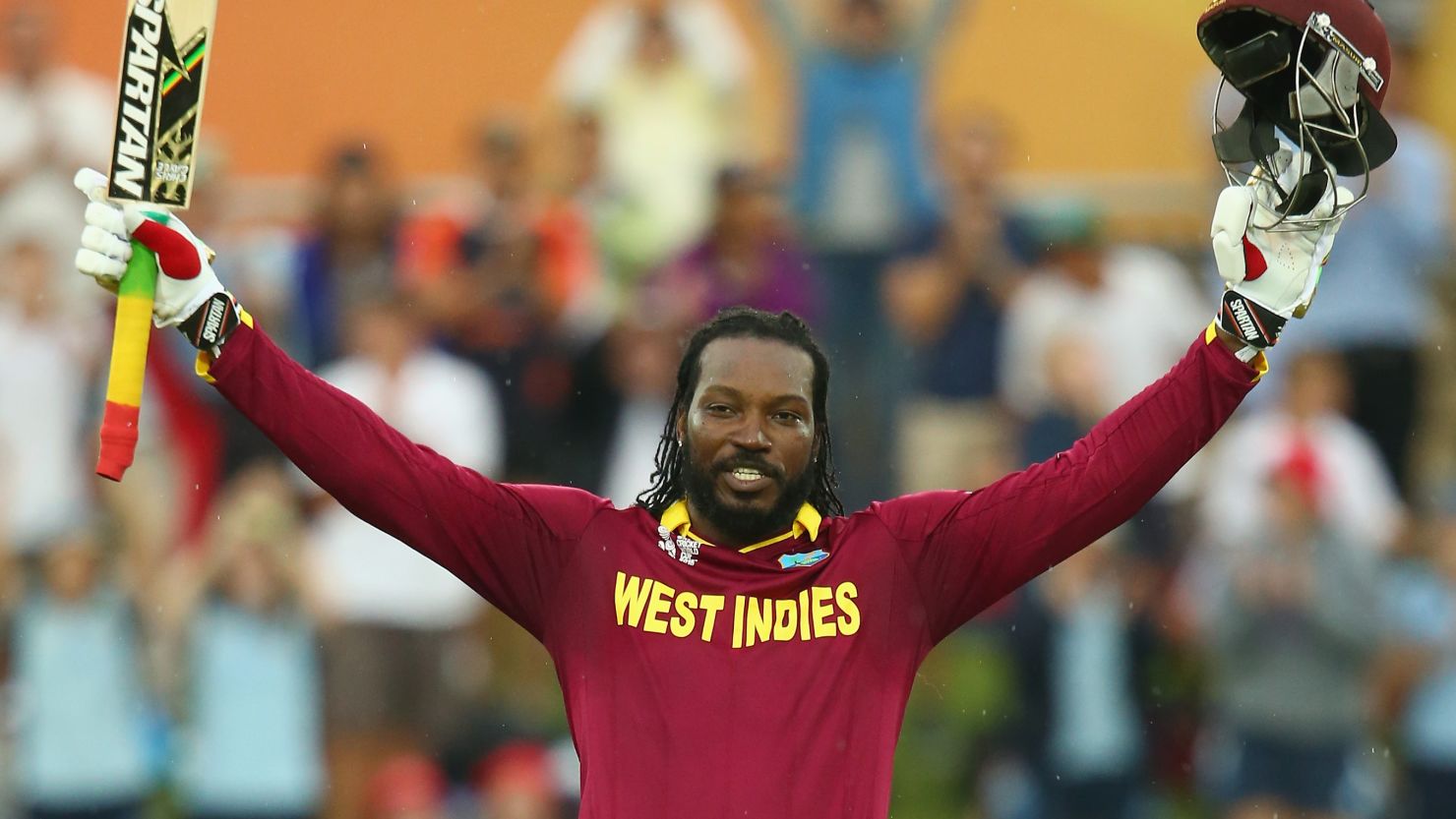 Chris Gayle celebrates his double century during the 2015 ICC Cricket World Cup against Zimbabwe.