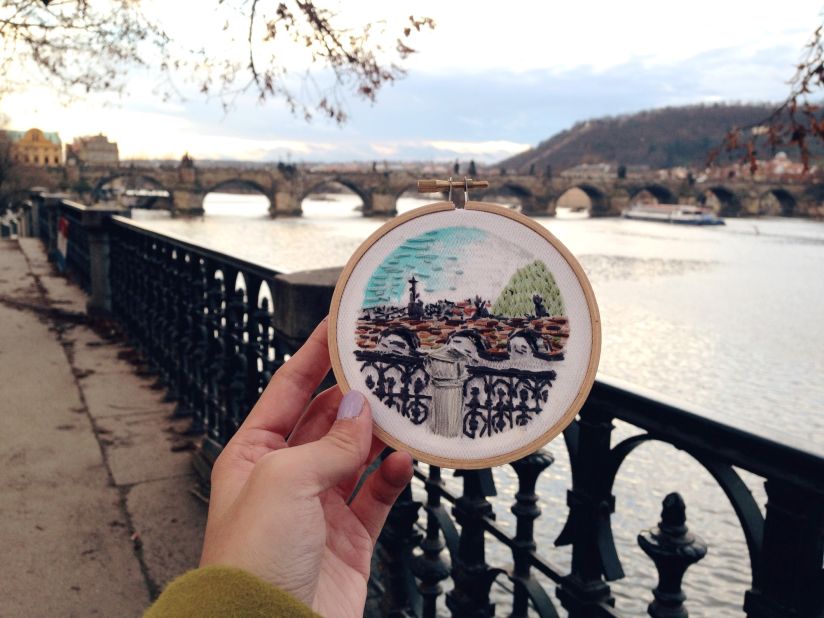 Lim says it usually takes about two hours to complete one of her embroidered works, such as this scene at Prague's Charles Bridge (Karluv Most). Built in the 1300s, it was once a vital to trade between Eastern and Western Europe. 