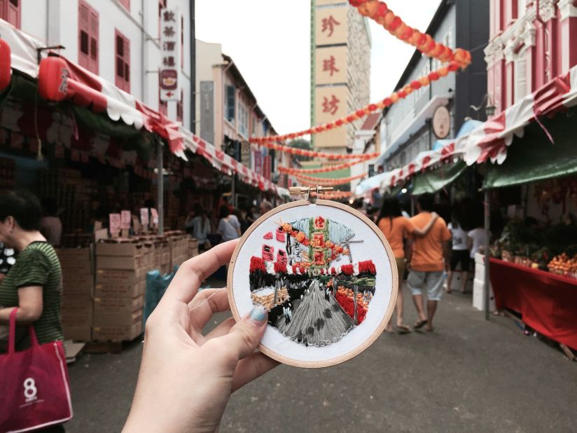 Closer to home, Lim embroidered this beautiful rendition of a street in Singapore's lively China Town. 