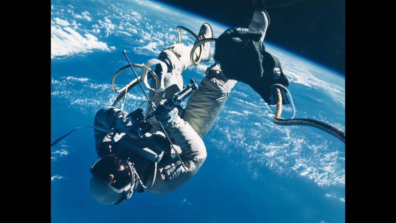 During the Gemini 4 mission in June 1965, Ed White became the first American to perform a spacewalk. He floated in space 135 miles above Earth for 20 minutes.