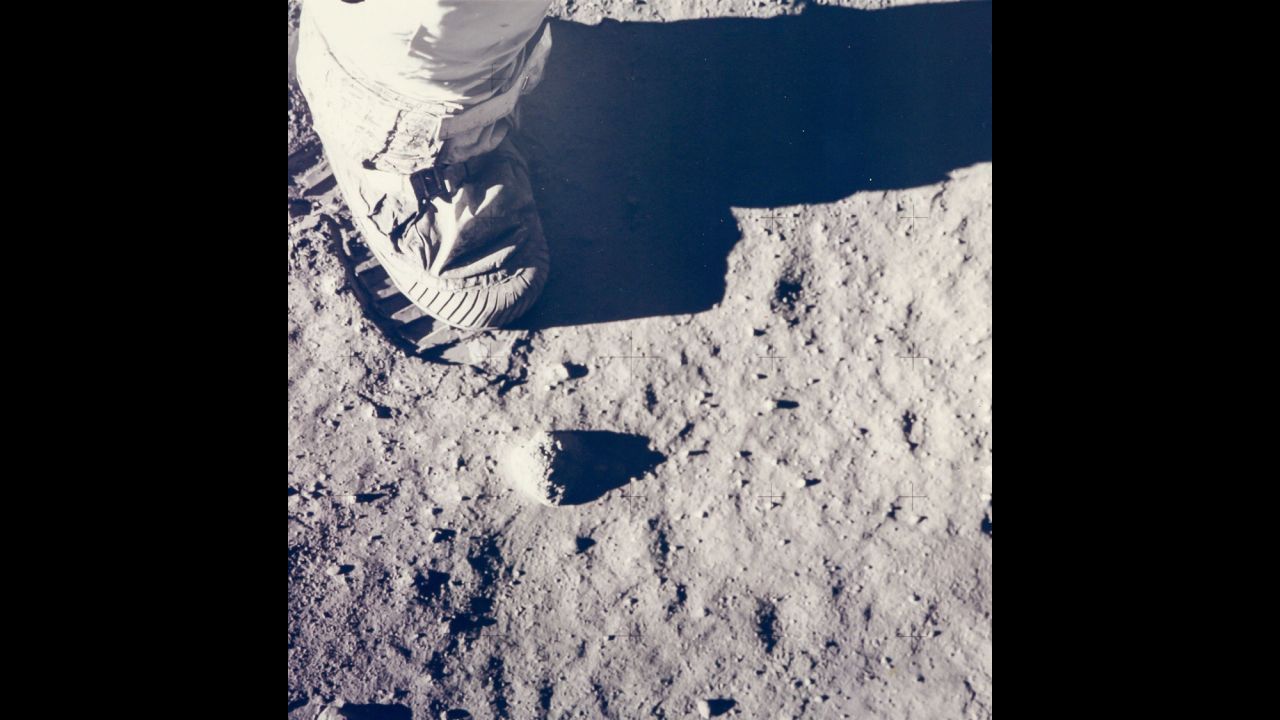 This now famous image of Aldrin's boot was taken to provide a visual record of the relative density of the moon's surface. "I felt buoyant and full of goose pimples when I stepped down on the surface," Aldrin said. "I immediately looked down at my feet and became intrigued with the peculiar properties of the lunar dust."