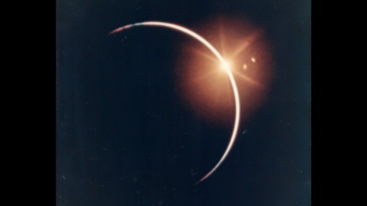 This dramatic view shows an eclipse that occurred when the Earth moved between the sun and the Apollo 12 spacecraft in November 1969. It's a scene that can only be seen from space. "When the Earth completed eclipsing the sun, you could see a big white light right in the middle of the Earth moving across the ocean. We didn't know what that was," astronaut Alan Bean said. "When we got back, Rusty Schweickart pointed out that it was the moon right behind us reflecting off the Earth." 