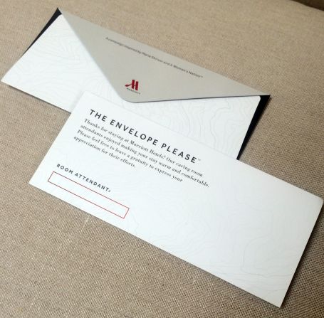 Marriott places envelopes in more than 160,000 rooms in the United States and Canada to <a href="index.php?page=&url=http%3A%2F%2Fmoney.cnn.com%2F2014%2F09%2F15%2Fnews%2Fcompanies%2Ftip-hotel-housekeeper%2F">encourage tipping</a> the people who clean guest rooms.