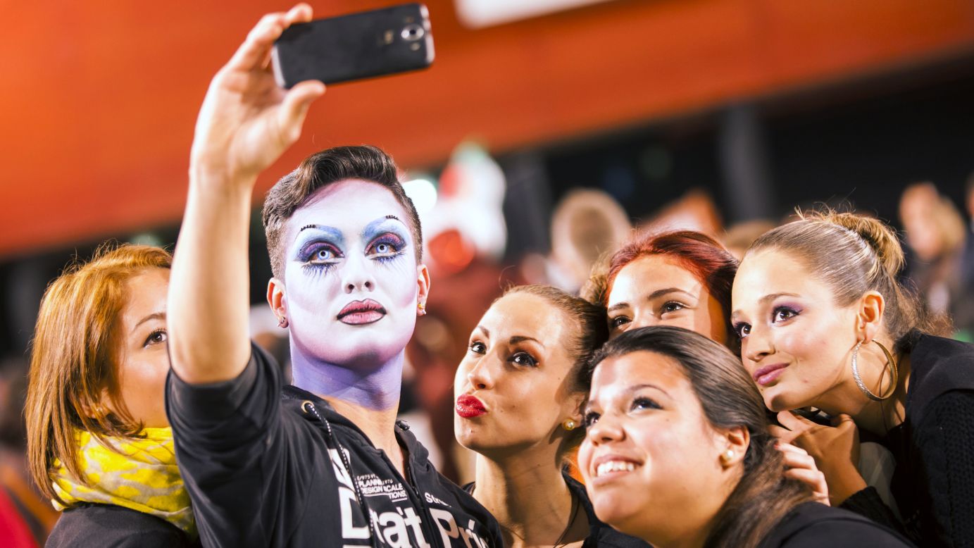 People pose backstage at a drag queen competition in Las Palmas, Spain, on Friday, February 20.