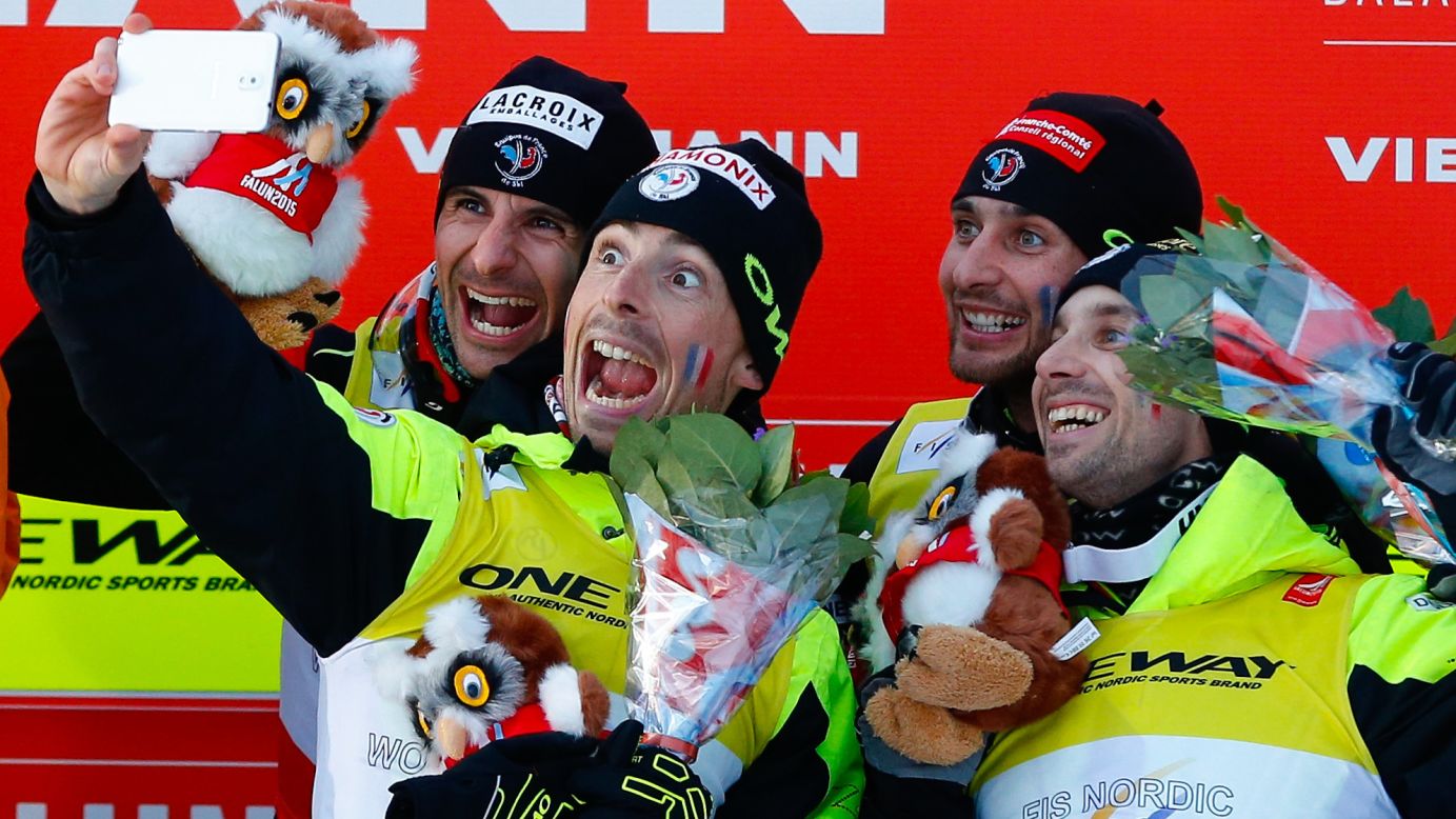 Members of France's Nordic combined team take a selfie Sunday, February 22, after finishing third in a race at the Nordic World Ski Championships in Falun, Sweden.