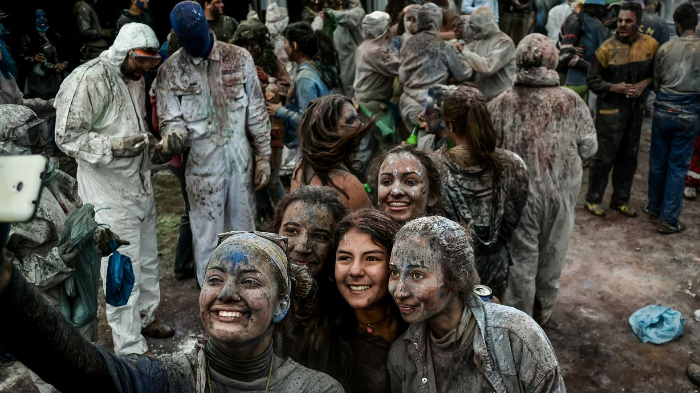 People in Galaxidi, Greece, take a selfie Monday, February 23, while participating in a traditional flour fight for "Clean Monday." Clean Monday marks the beginning of Greek Orthodox Lent and the end of Carnival season in Greece.