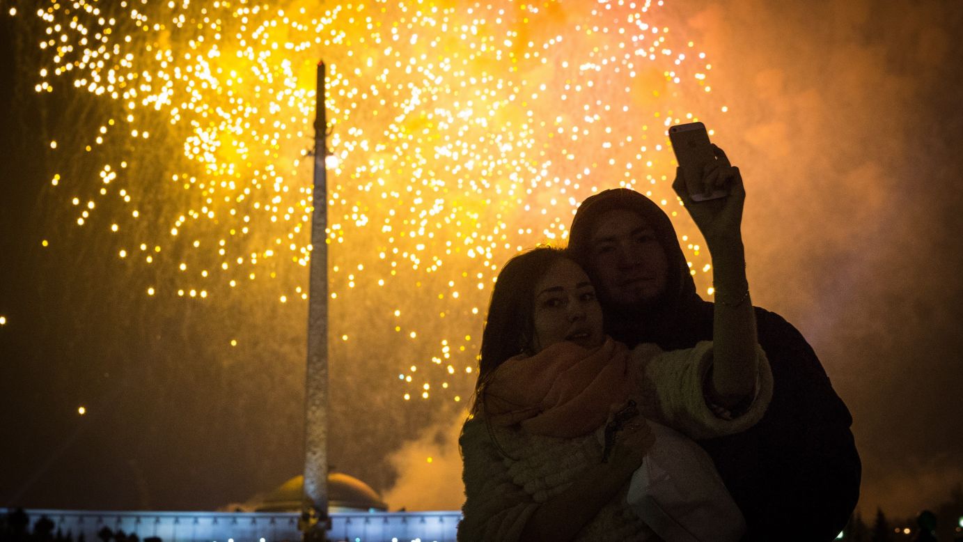 Fireworks go off over Moscow's Poklonnaya Hill on Monday, February 23, to mark Defender of the Fatherland Day.