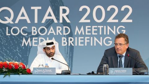 Jerome Valcke (r) addressed reporters alongside Hassan al-Thawadi, the head of Qatar's World Cup Organizing Committee.