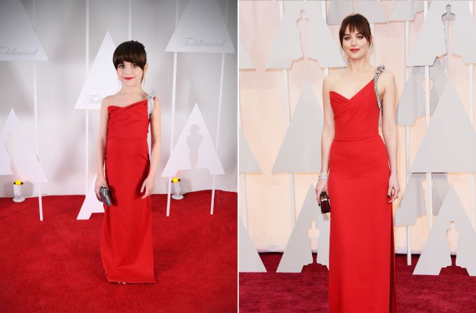 One very bright shade of red made the '50 Shades of Grey' star pop on the carpet. The 7-year-old Dakota Johnson doppelganger donned clip-in bangs to look the part. She had yet to see the movie.