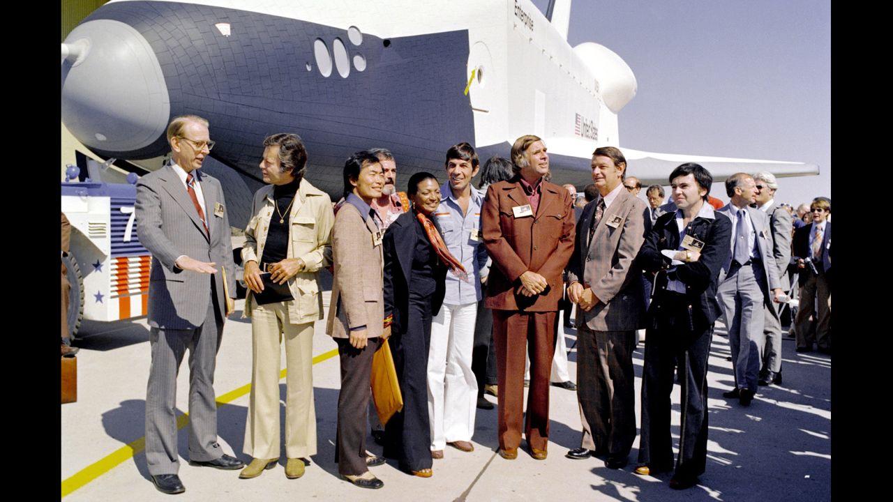 Nimoy, who loved science, took part in NASA's rollout of the space shuttle Enterprise with other members of the "Star Trek" cast in 1976.
