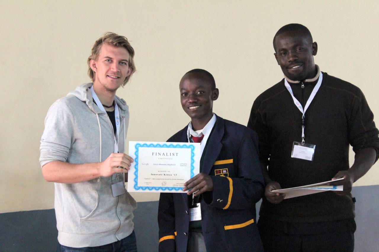 Innovate Kenya founders Francis Meyo (right) and Jacob Lennheden (left) were impressed with the Maseno School students' idea, which was among the finalists in the 2013 competition.