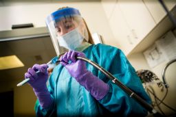 The elevator channel of a duodenoscope is cleaned at Dartmouth Hitchcock Medical Center.