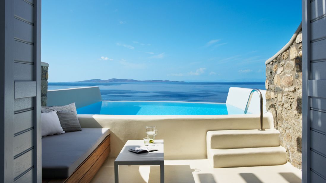 Each villa at Mykonos' romantic Cavo Tagoo hotel has a private infinity pool overlooking the Aegean Sea.
