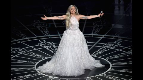 The singer donned a more sedate, floaty white ensemble for her performance at the 87th Annual Academy Awards held in February in Hollywood.