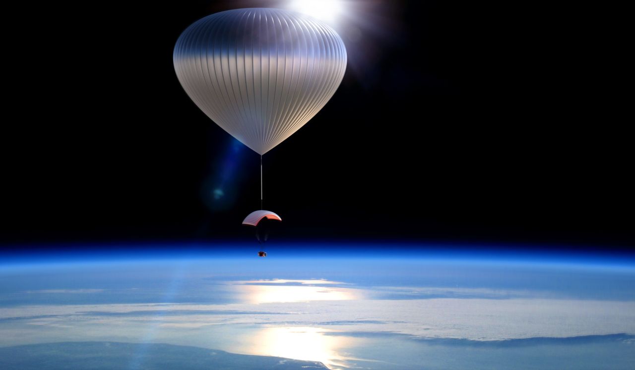 Two companies are racing to take passengers to near space using helium balloons. Pictured, a rendering of a World View balloon.