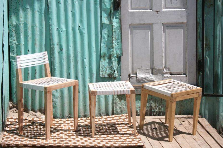 Cape Town-based artist Bonga Jwambi creates affordable furniture from reused materials. These chairs were constructed from old transport materials, including pallets and box packaging.