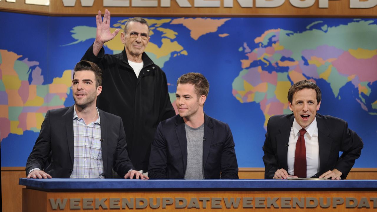 Nimoy drops by for a 2009 episode of "Saturday Night Live" with Zachary Quinto (who took over the Spock role in the most recent movies), Chris Pine (who played Kirk) and "SNL's" Seth Meyers.