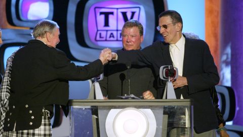 James Doohan (Scotty), William Shatner (Kirk) and Nimoy accept a Pop Culture Award for "Star Trek" during the TV Land Awards in 2003.