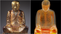 A CT scan reveals a 1000-year-old skeleton in meditation hidden inside a golden statue of a sitting Buddha.