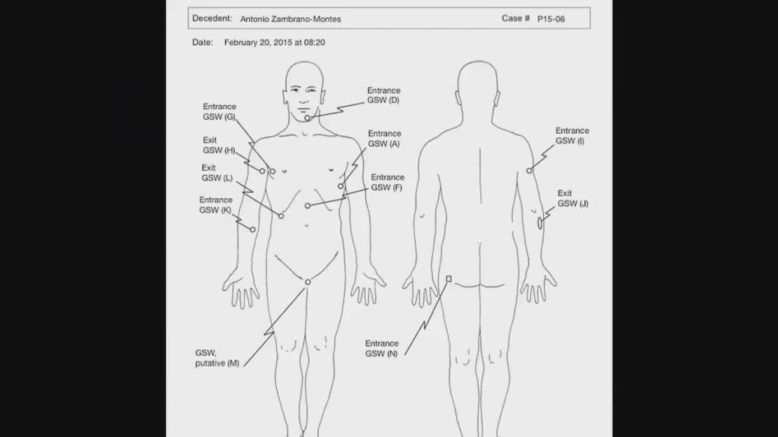 An autopsy report commissioned by the estranged wife of Antonio Zambrano-Montes shows bullet entry wounds to his buttocks and back of arm.