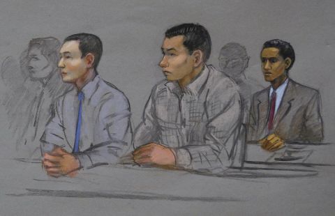 A courtroom sketch shows college friends Tazhayakov, Kadyrbayev and Robel Phillipos (left to right) at a hearing in May 2015. Tazhayakov and Kadyrbayev were convicted of hiding evidence and Phillipos was convicted of lying to federal investigators. 