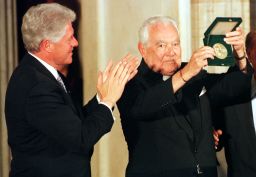 Father Theodore Hesburgh receives the Congressional Gold Medal in 2000.