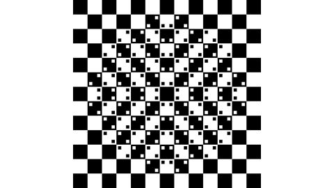 The center of this image, made only with squares, appears to bulge out, even though all of the lines are actually straight. 