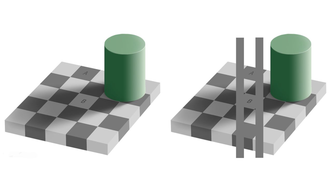 The squares marked A and B are actually the same shade, as shown in the illustration on the right. 