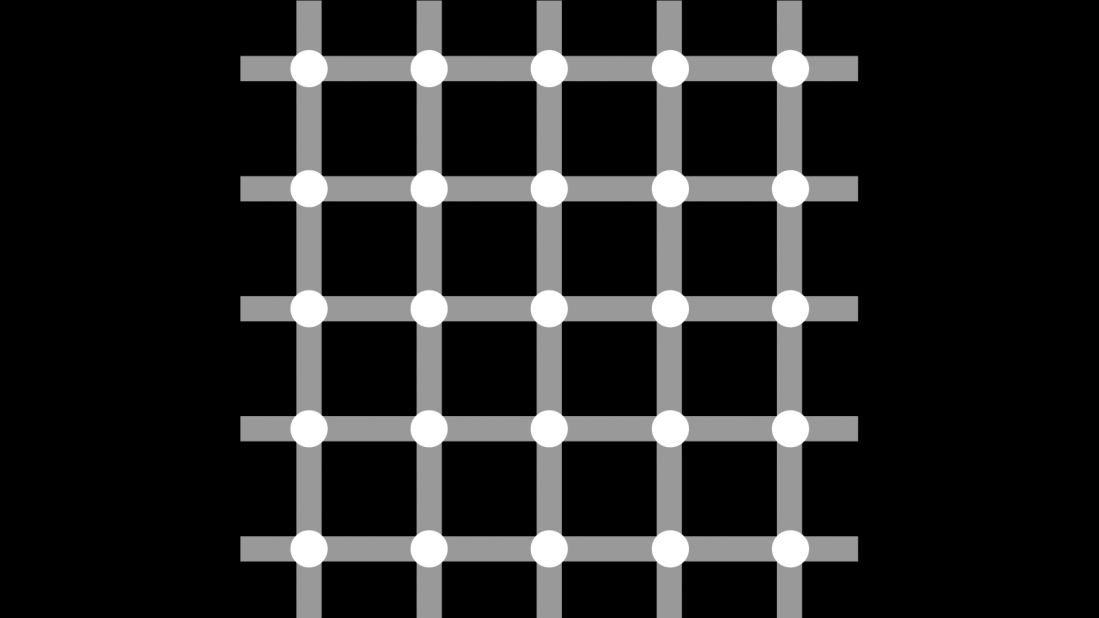 As you scan over this image, do you see gray or black dots? It's called a scintillating grid illusion, made by superimposing white discs on the intersections of gray bars against a black background. Dark dots seem to appear and disappear rapidly at the intersections, although if you stare directly at a single intersection, the dark dot does not appear. 