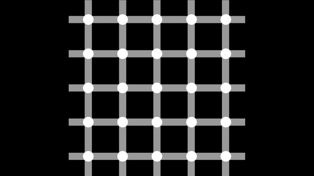As you scan over this image, do you see gray or black dots? It's called a scintillating grid illusion, made by superimposing white discs on the intersections of gray bars against a black background. Dark dots seem to appear and disappear rapidly at the intersections, although if you stare directly at a single intersection, the dark dot does not appear. 